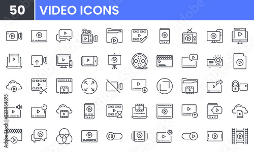 Video and Multimedia vector line icon set. Contains linear outline icons like Movie, Media Player, Camera, Cinema, Display, TV, Film, Projector, Camcorder. Editable use and stroke. © Gofficon