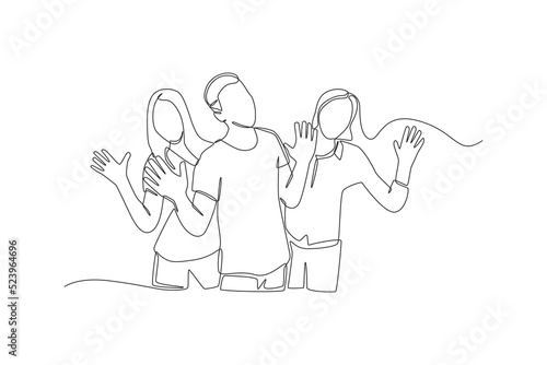 Continuous one line drawing happy people group with hands up standing together.. World smile day concept. Single line draw design vector graphic illustration.