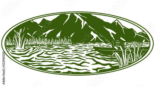 wild natural lake or river and mountain with fisherman on boat. Hand drawn illustration vector. Great for fishing club logo illustration, T-shirt, trip and adventure, labels, background and other.