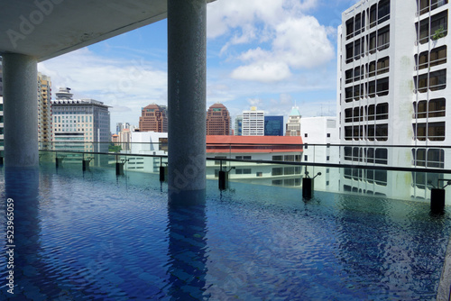 Singapore skyline panorama reflecting on a pretty rooftop pool.