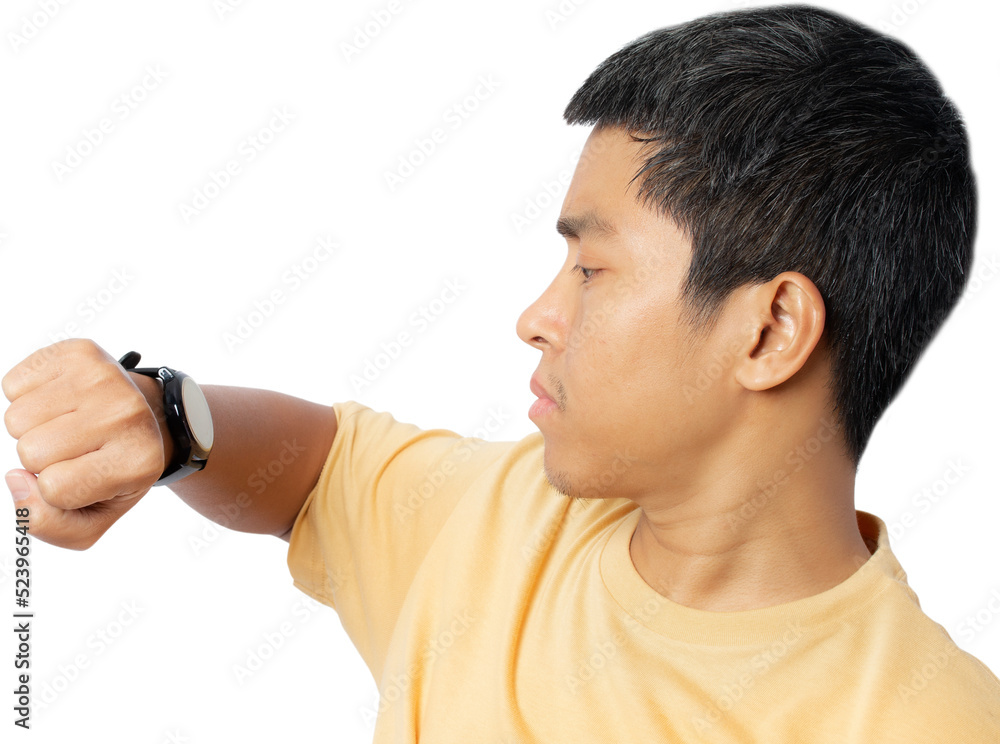Asian young man looking at wristwatch. Asian young man looking at wristwatch.