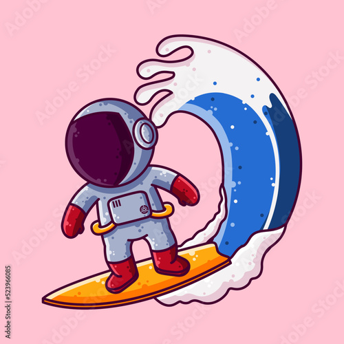 Cute Astronaut Surfing Cartoon Vector Illustration. Cartoon Style Icon or Mascot Character Vector.