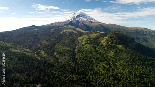 drone shot with panoramic view of the snowy peak of popocatepetl volcano in mexico city photo