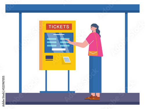 Modern ticketing by automatic machine. The woman bought the ticket of train. Ai vector illustration	