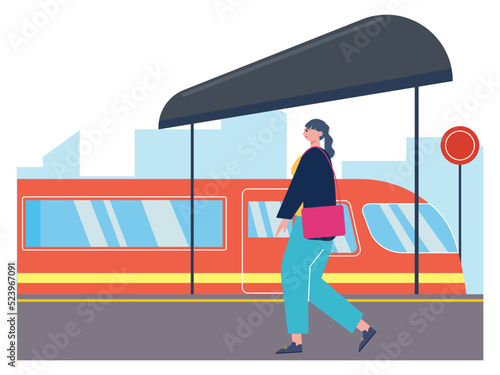 A woman waiting for the train in departure. Passengers who will enter must give priority to passengers leaving the train. Ai vector illustration