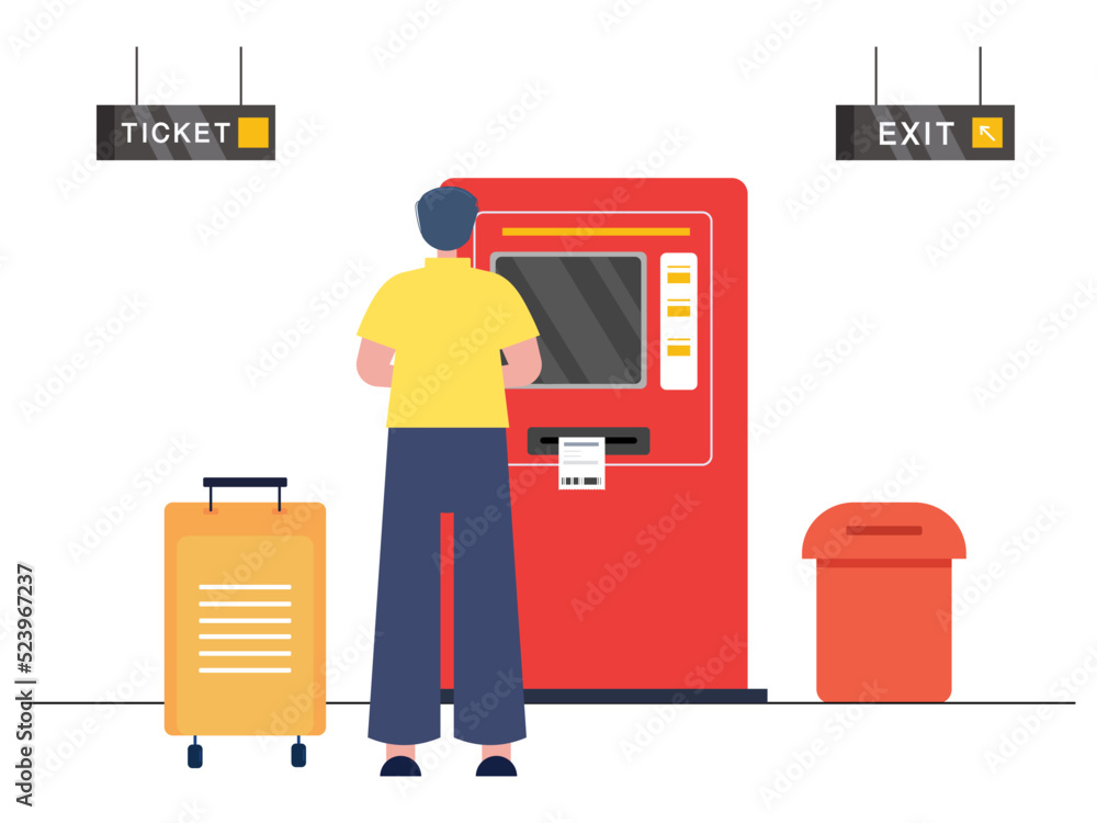 A man use the ticket machine before going by train. A man ready to going traveler by train. Ai vector illustration A man use the ticket machine before going by train. A man ready to going traveler by train. Ai vector illustration