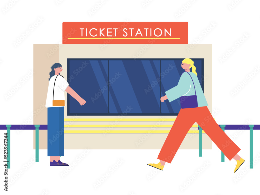 She has appointment meet with a friend in ticket station. We want to going together by train. Ai vector illustration She has appointment meet with a friend in ticket station. We want to going together by train. Ai vector illustration