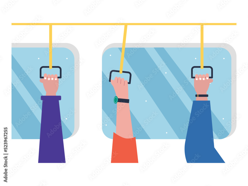 Three hands hold handle the round shape. Standing passenger in public transportation. Ai vector illustration Three hands hold handle the round shape. Standing passenger in public transportation. Ai vector illustration