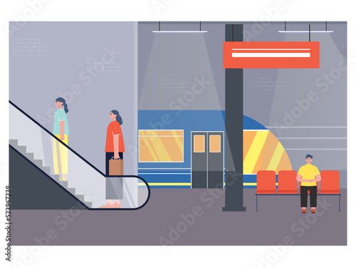 Activity people at subway station.  Many people come and go according to the departure time. Ai vector illustration	