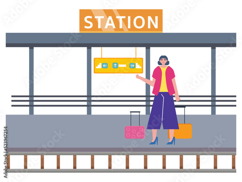 A woman brought two suitcases in the train station. A woman standing beside the rail road of the train. Ai vector illustration