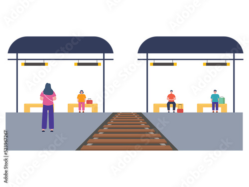 Many passengers waiting for the train beside the rail road. Three person sits and one person is walking. Ai vector illustration