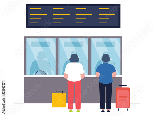 Two women order train tickets. They come to the train station bringing their suitcases for the staycation. Ai vector illustration