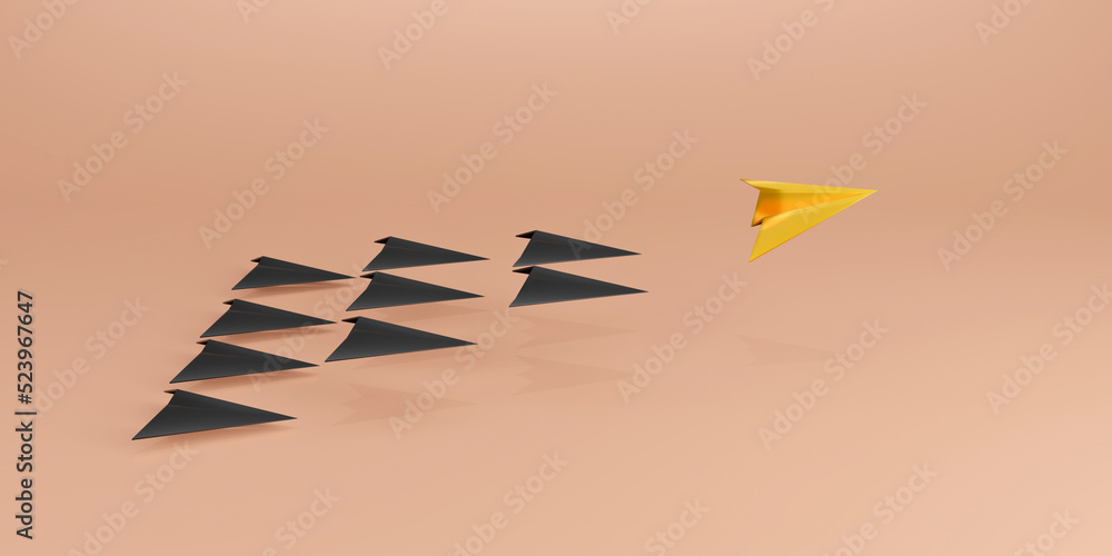 Group of black paper plane team work with gold plane leader different 3D illustration Group of black paper plane team work with gold plane leader different 3D illustration