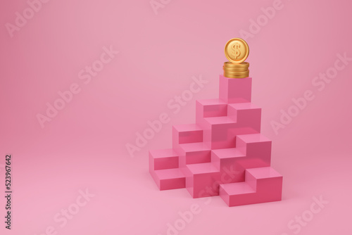 Gold coin on pink podium stand 3d illustration champion reward on pink blackground