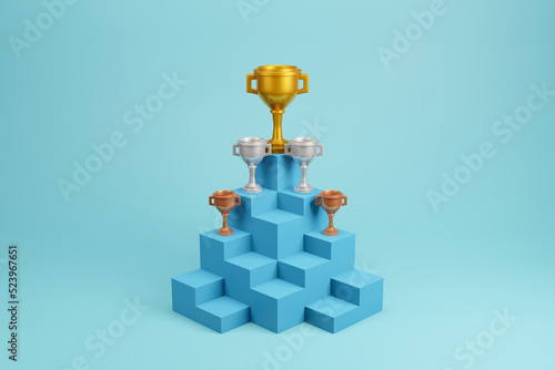 Trophy set on blue podium stand 3d illustration champion reward on blue blackground