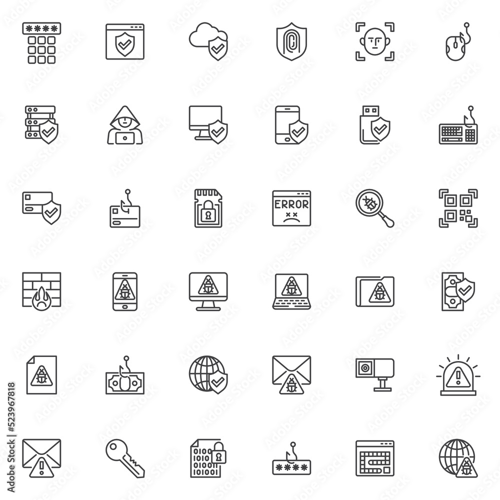Cyber security line icons set