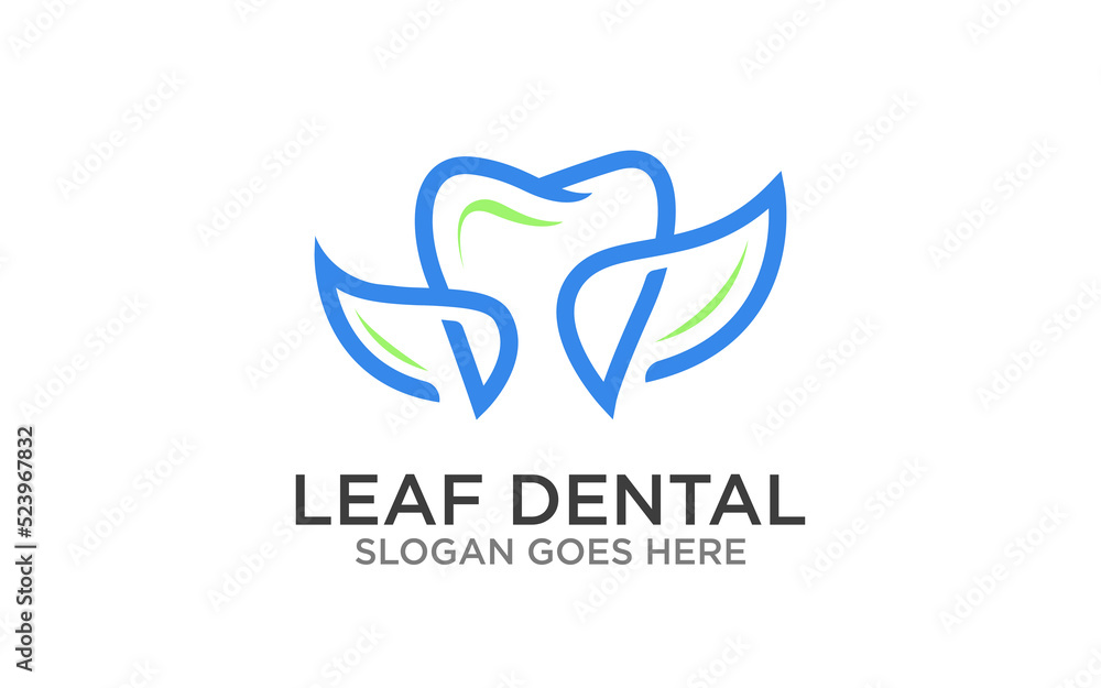 Obraz premium Simple tooth and leaf logo design template. Suitable for dental business and etc.