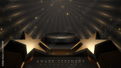 Product display podium and 3d golden star on black luxury background with light effects decoration. Award ceremony scene concept.
