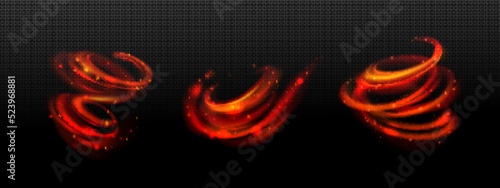 Fire sparkle motion effect, spiral twist or swirl. Magic spell with sparks. Red wand trace isolated on black background. Magician lightnings, wizard, fairy shiny light Realistic 3d Vector illustration