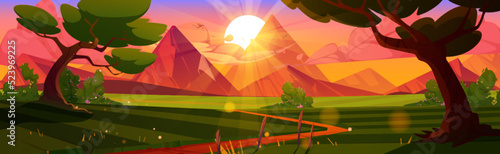 Cartoon nature landscape at evening. Rural dirt road going along green field with deciduous trees and mountains view. Scenery game sunset background, Vector illustration