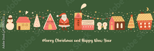 Christmas border cartoon. Cute Christmas village decorative border. Happy New Year seamless borders. Santa Claus, christmas tree, snowman, childish New Year endless frame. Vector design template.