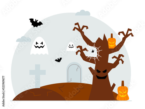 Halloween scene.  Halloween scene. Graves, crosses, dry trees, bats, flying ghosts, spiders, Halloween symbols. Halloween vector illustration.	