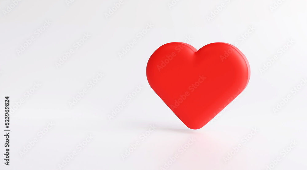 Red hearts on white background, love on valentines day, women's day, side view with copy space. 3D rendering illustration