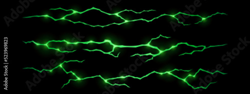 Magic glow in ground cracks, green glowing texture in cracking holes or ruined land surface. Destruction, shining lava in split, damage fissure effect after disaster, Realistic 3d vector isolated set