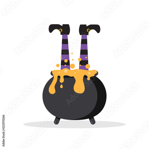Gnome legs in magic cauldron with orange bubbling potion. Halloween festive background for spooky night. Vector illustration in flat cartoon style.