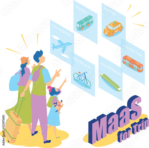旅行先でのMaaS（マース：Mobility as a Service）のアイソメイラスト photo