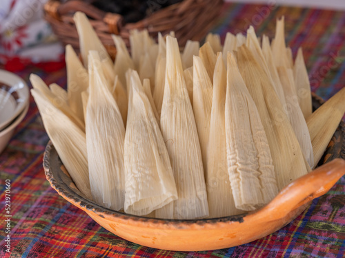 Canvas Print Close-up image of prepared tamales in a traditional clay pot