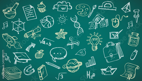 Vector pattern background back to school with education doodle icon symbols on green chalkboard. frame back to school. EPS10.