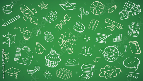 Vector pattern background back to school with education doodle icon symbols on green chalkboard. frame back to school. EPS10.
