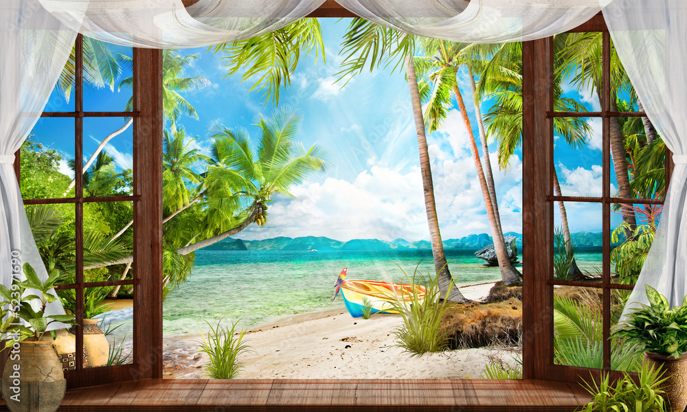 Window, door with key view of the sea beach with a boat. Digital collage. Photo wallpapers. - obrazy, fototapety, plakaty 