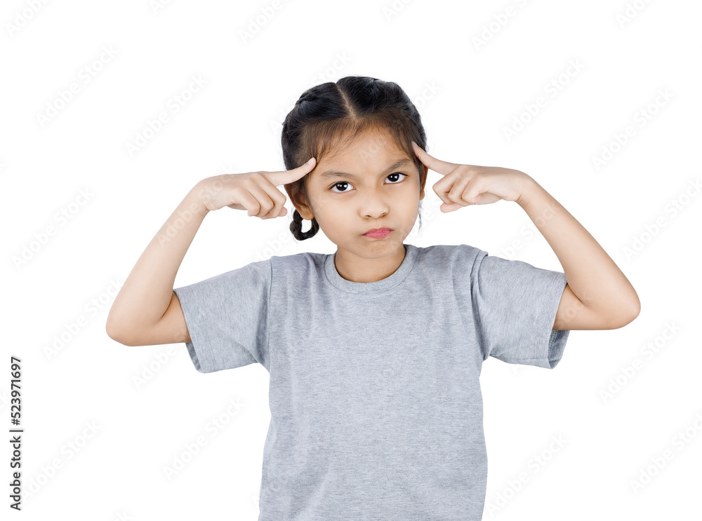 Portrait of angry little girl and both hands pointing at her head. Portrait of angry little girl and both hands pointing at her head.