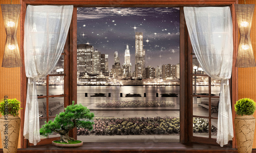 Digital collage, a view from it of the night city and the starry sky. new york. Wallpaper on the wall.