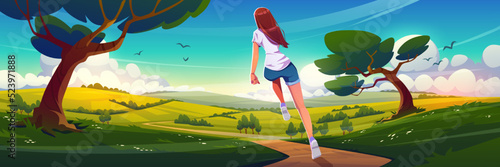 Countryside scene with girl runs on road. Summer landscape with agriculture fields, trees, green grass and running girl back view, vector cartoon illustration