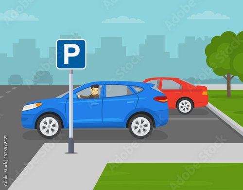 Car driving tips and outdoor parking rules. Young male driver is looking back from the open window while parking reverse. Flat vector illustration template. © flatvectors
