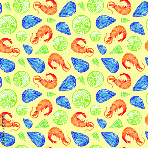 Colorful sea food seamless pattern. Hand drawn watercolor shrimp, oysters and lemons on yellow background
