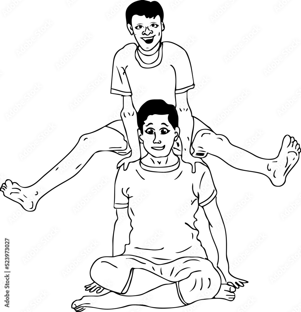 2 boys in funny yoga pose line art vector silhouette, Sketch ...