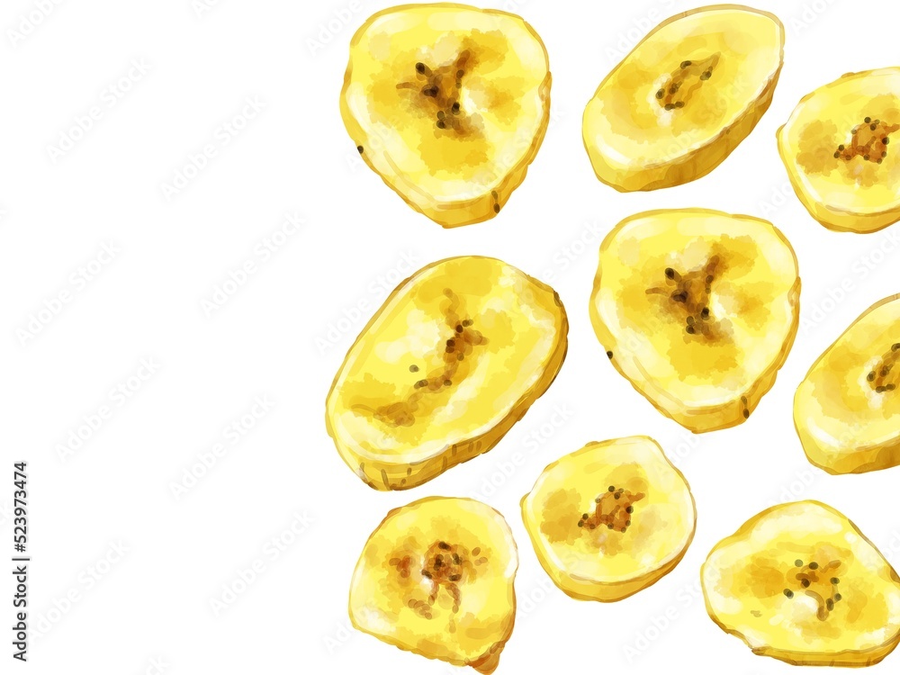 手描き水彩のバナナチップスイラスト長方形フレーム・右