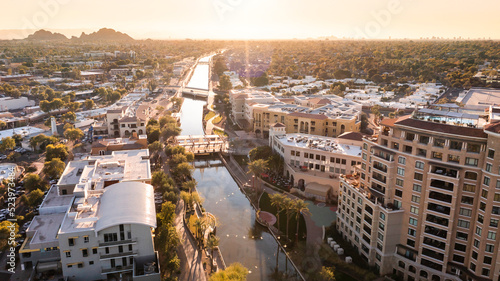 Aerial sunset view of the Salt River Canal and downtown area of Scottsdale, Arizona, USA. photo