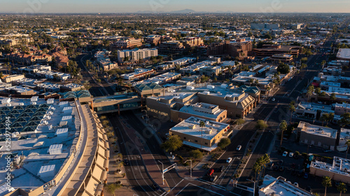 Aerial sunset view of the downtown area of Scottsdale, Arizona, USA.