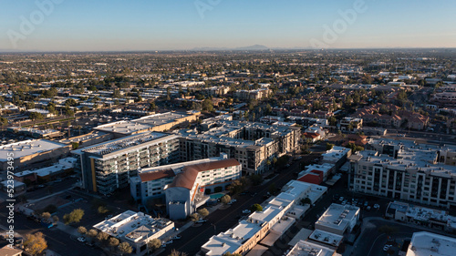 Aerial sunset view of the downtown area of Scottsdale  Arizona  USA.