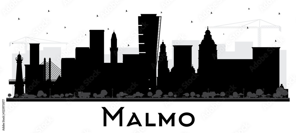 Malmo Sweden City Skyline Silhouette with Black Buildings Isolated on White.