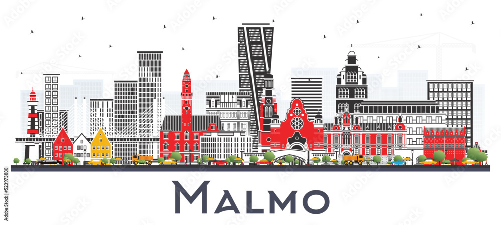 Fototapeta premium Malmo Sweden City Skyline with Color Buildings Isolated on White.