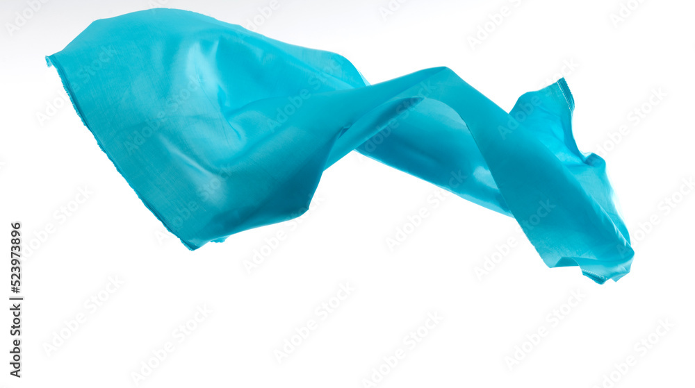 Blue silk flying on white background