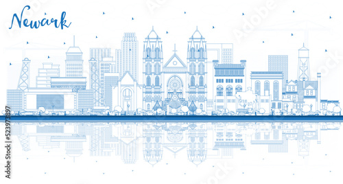 Wallpaper Mural Outline Newark New Jersey City Skyline with Blue Buildings and Reflections. Torontodigital.ca