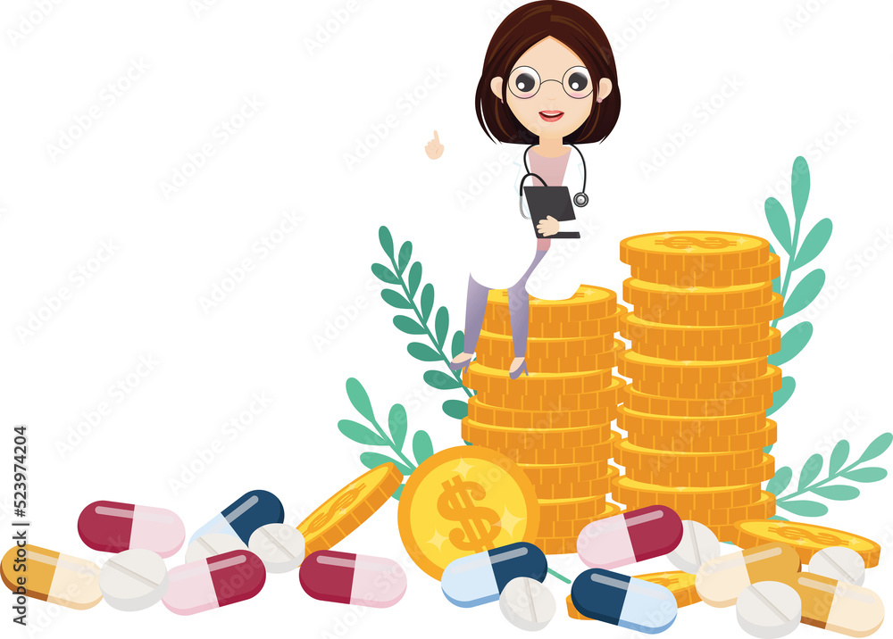 Doctor sitting on coins, business and health care concept. Doctor sitting on coins, business and health care concept.