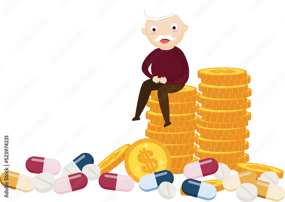 Old man sitting on coins, business and health care concept. Old man sitting on coins, business and health care concept.